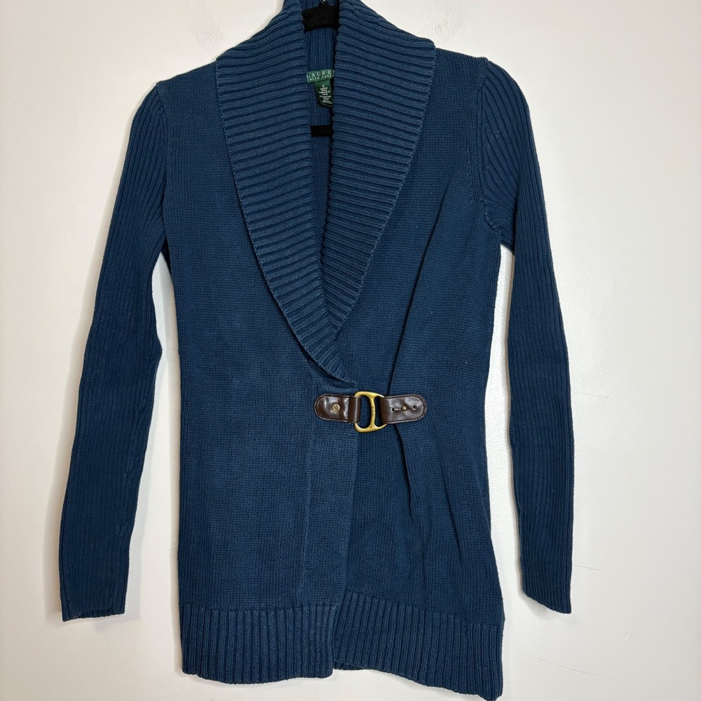 Lauren Ralph Lauren Blue Knit Shawl Collar Cardigan Sweater Buckle Closure Small